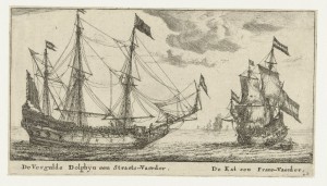 Bron: rijksmuseum, ca 1653, twee koopvaardijschepen die op dezelfde route voeren als de schepen op de gevelstenen van Sexbierum, eveneens met bewapening.