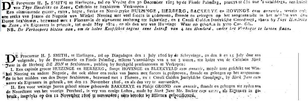Advertenties Leeuwarder Courant 24-12-1803 en 21-06-1806